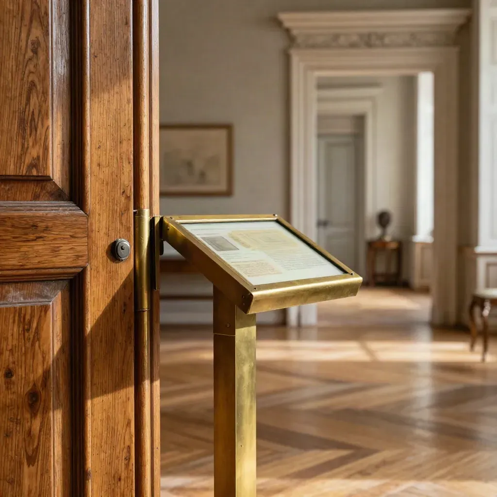 Dettaglio macro di sala museale con legno, ottone e parquet illuminati dal sole.