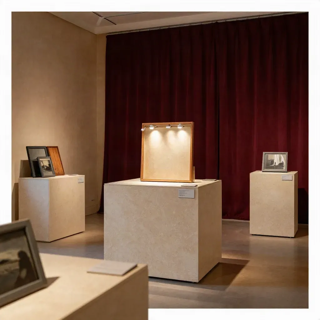 Sala mostra temporanea con piedistalli modulari, opere incorniciate e luce teatrale