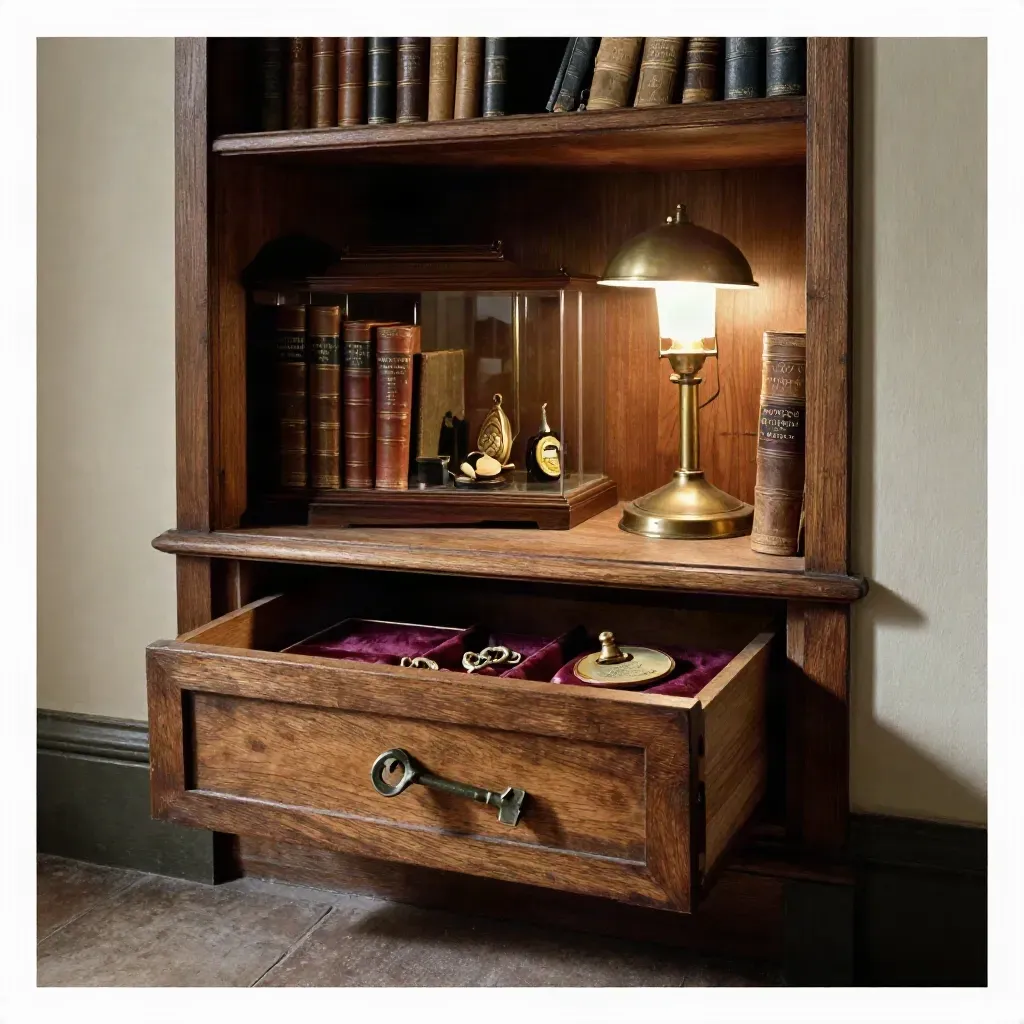 Buca di lettura museale con cassetto d’archivio aperto, volumi antichi e luce radente.