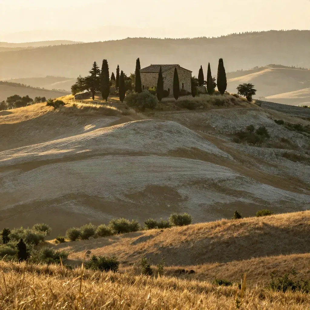 Collina toscana al tramonto con cipressi, casale in pietra e oliveti nella foschia dorata.