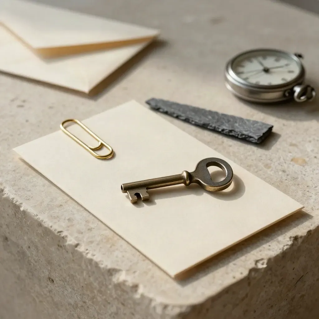 Card di conferma, chiave antica, busta sigillata e orologio su una mensola di pietra.