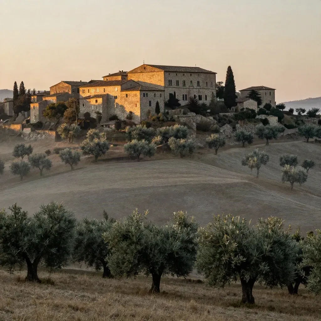 Collina umbra con ulivi, borgo in pietra in alto e valle velata al tramonto